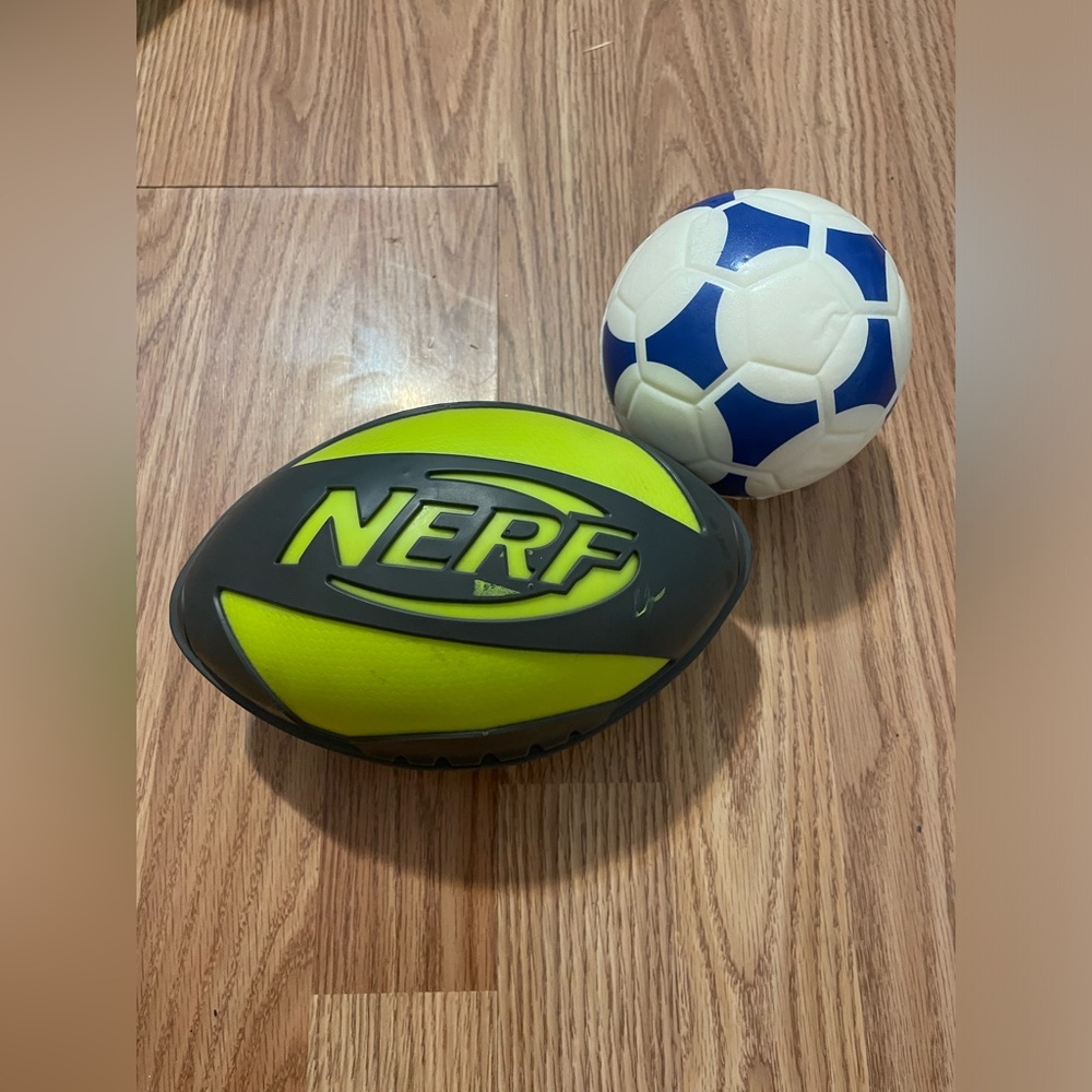 Nerf football and unknown brand soccer ball minis